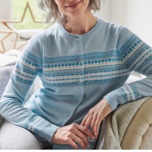 woolovers blue fairisle crew neck cardigan